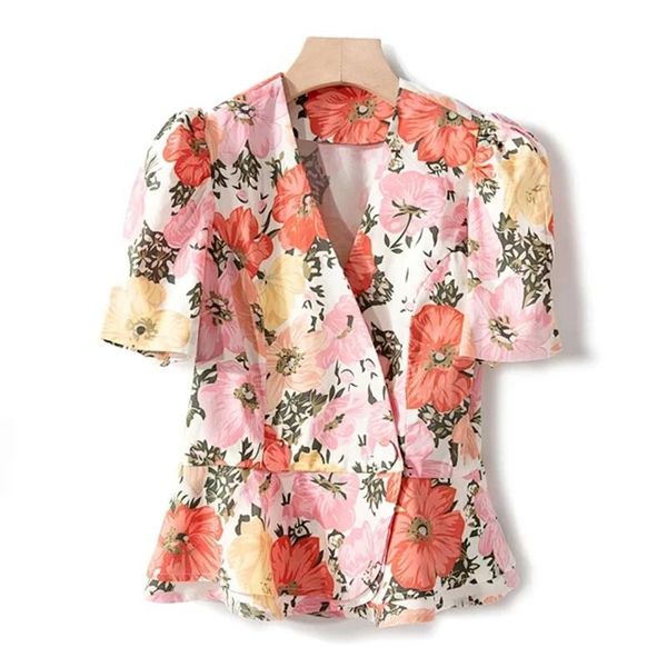 

women's blouses & shirts women v-neck shirt short-sleeved ruffles wrapped flower print spring summer buttons ladies blouse top, White