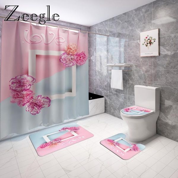 

floral printed shower curtain home decor bath mat set waterproof toilet absorbent u-shaped rug non-slip foot mats