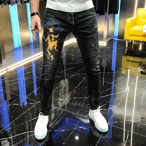 

jean autumn men's breeze pants wear letter characters from the cartoon drill, Blue