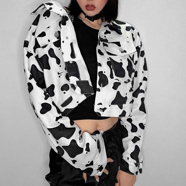 

women's jackets autumn short jacket women button long sleeve fashion cow print zipper denim open front jean ladies basic street coat, Black;brown