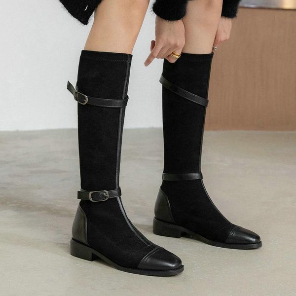 

boots women faux suede knee high fashion slip on buckle motorcycle comfort thick heel autumn winter square toe lady shoes, Black