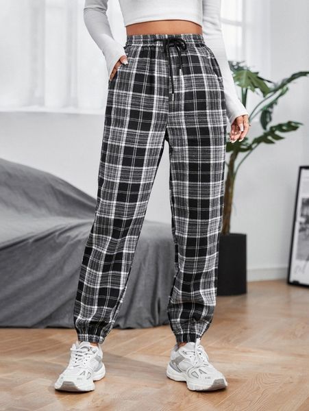 

petite plaid print drawstring waist pants q3gj#, Black;white