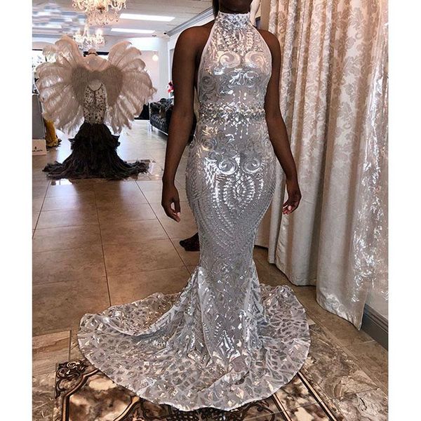 

party dresses sparkly sequined sliver mermaid prom sleeveless high neck sweep strain black girl formal evening dress gowns, White;black