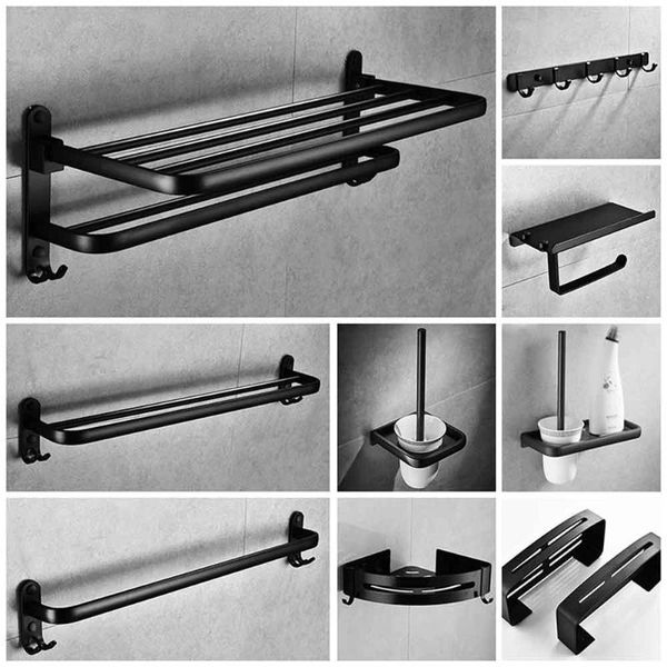 

bathroom accessories set wall-mounted space aluminum bath towel rack black storage punch jxthy-3002 accessory