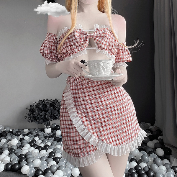 

costumes backless sweet women bra set bunny girl plaid bandage lovely lingerie tempatation bow off shoulder lace cosplay costume 2021 n, Black