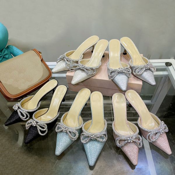 

mach fashion sandals bow crystal embellishments rhinestone womens dress shoes 6.5cm heeled slippers genuine leather wedding shoe designers s, Black