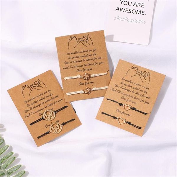 

2pcs/set heart butterfly charm bracelets one for you me black string braiding bracelet friend women wish card, Golden;silver