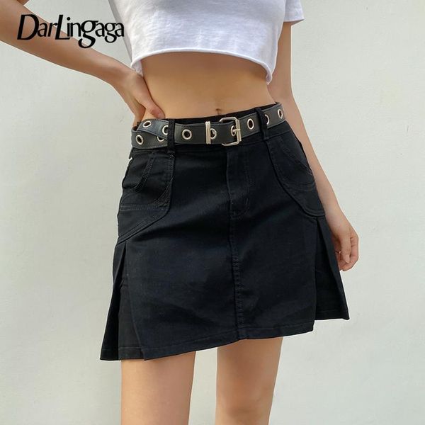 

skirts darlingaga casual gothic dark cargo denim skirt women streetwear solid high waist summer ladies mini clothes punk, Black