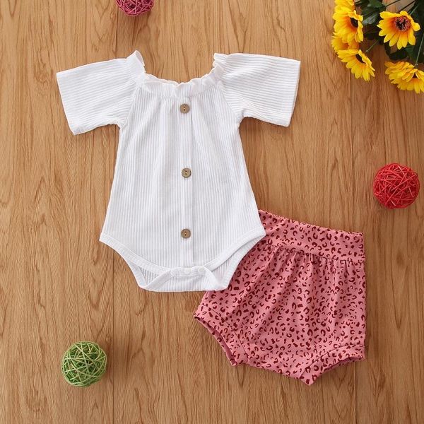 

clothing sets 0-24m born baby girls clothes set summer cotton solid color short sleeve button romper + casual leopard point shorts outfits, White