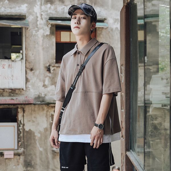 

2021 japanese retro tide brand t-shirt men's short-sleeved fake two-piece lapel loose solid color student polo shirt summer men, White;black
