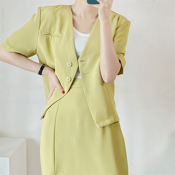 

short-sleeved suit ensemble femme summer fashion thin v-neck single-breasted short jacket and long skirt 2 piece sets women 210602, White