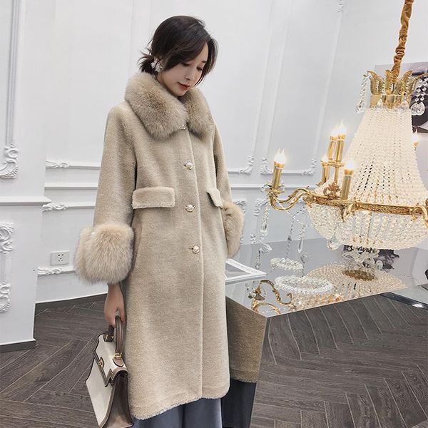 

women's wool & blends 2021 women winter real fur collar sleeve overcoats genuine granule sheep shearling coats true outwear, Black
