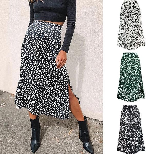 

skirts 2021 leopard print chiffon split skirt casual fashion long female spring and summer zipper elegant, Black