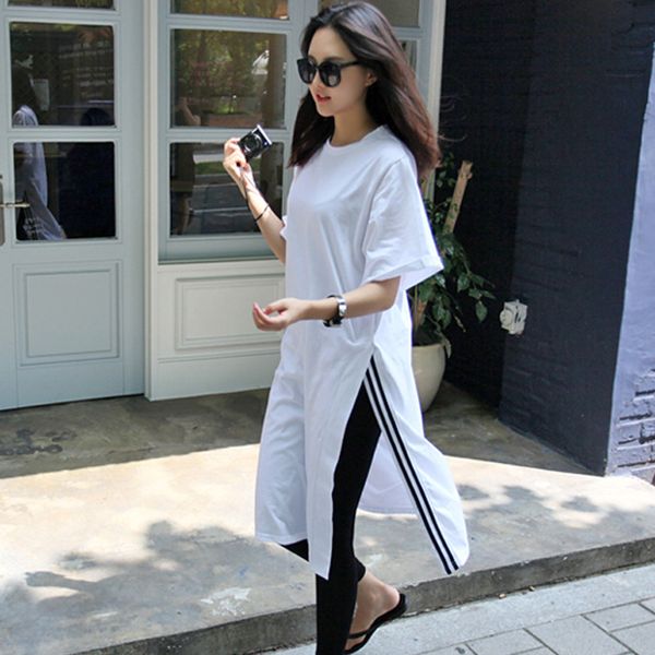 

women oversized long t shirt side split striped korean tee shirt femme woman punk rock hipster big size clothes, White