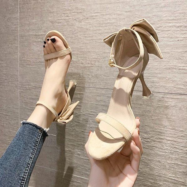 

sandals est high heels summer shoes stiletto bowknot suede leather female ankle buckle strap ladies sandalias de tacon, Black