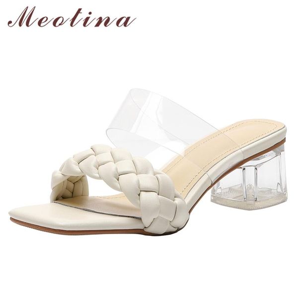 

sandals meotina women square toe slides shoes transparent thick high heels slippers summer ladies footwear 2021 blue big size 43, Black