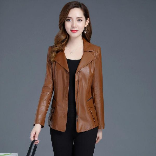 

women's leather & faux 2021 fashion jacket short slim clothing plus size coat female motorcycle 5xl black