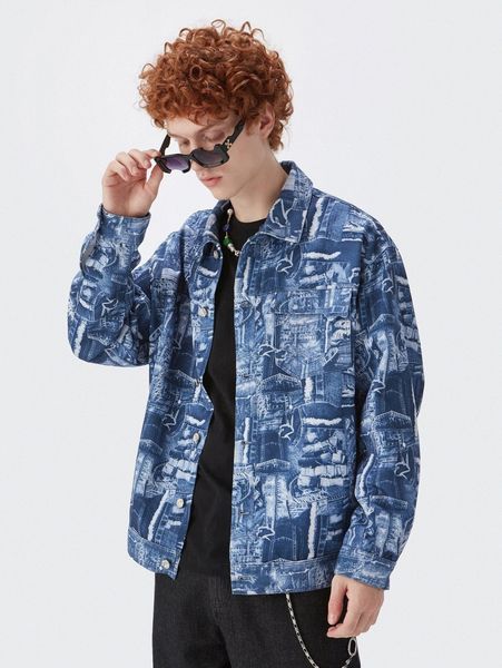 

men allover print flap pocket jacket b4kh#, Black;brown