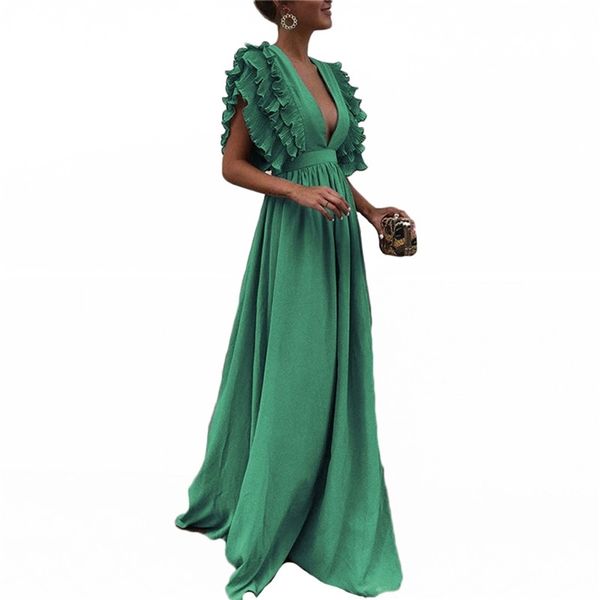 

green dress for women summer elegant v-neck ruffle sleeve party ladies loose long dresses female lr1217 210531, Black;gray