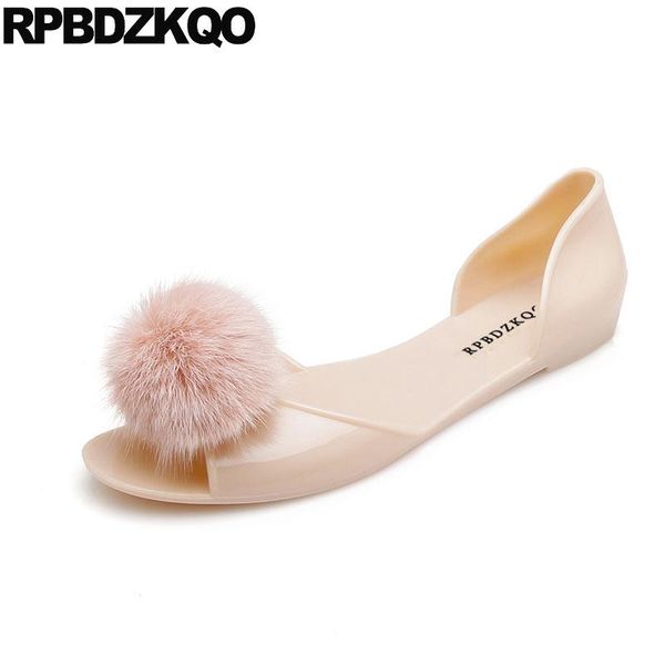 

women sandals 2021 summer slip on rubber clear beach jelly peep toe embellished flat soft pom transparent pink shoes pvc, Black