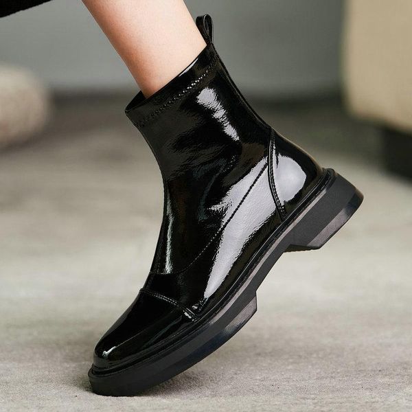 

boots fashion loafer winter women genuine leather platform chunky heels shoes woman 2021 working party ankle for, Black