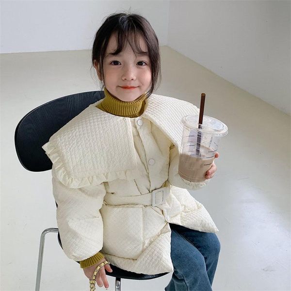

down coat korean style jackets for girls 2021 winter fashion turn-down collar with belt medium length jacket kids 2-8 years, Blue;gray