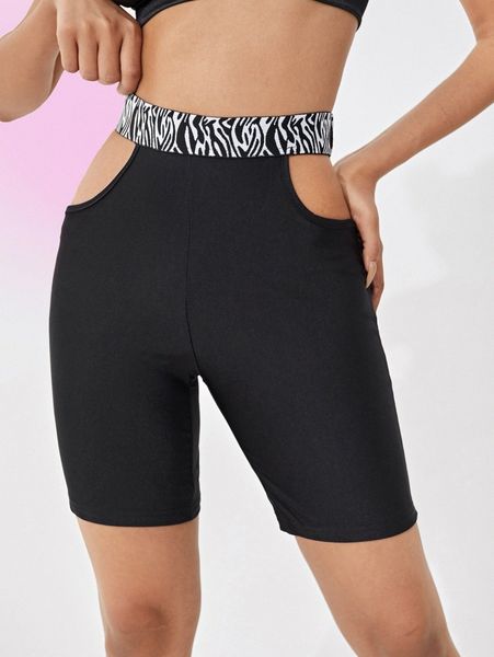 

zebra striped waist cut out biker shorts p9wm#, Black