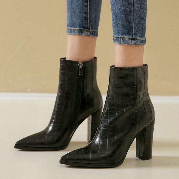 

boots black white faux leather women ankle fashion pointed toe square high heel ladies short autumn winter woman's shoes