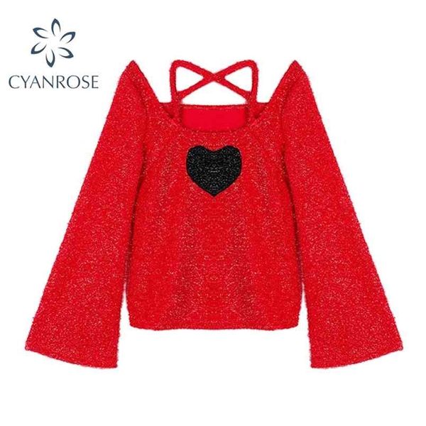 Pullover rosso in mohair lavorato a maglia maglione donna manica lunga grande modello amore vintage halter elegante maglieria e-girl sciolto in maglia top 210515
