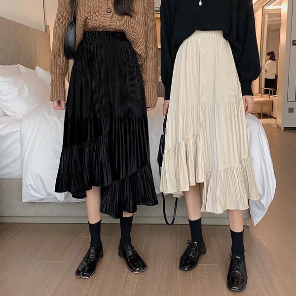 

autumn winter women golden velvet long skirt korean ladies elastic casual high waist skirts pleated bottoms, Black