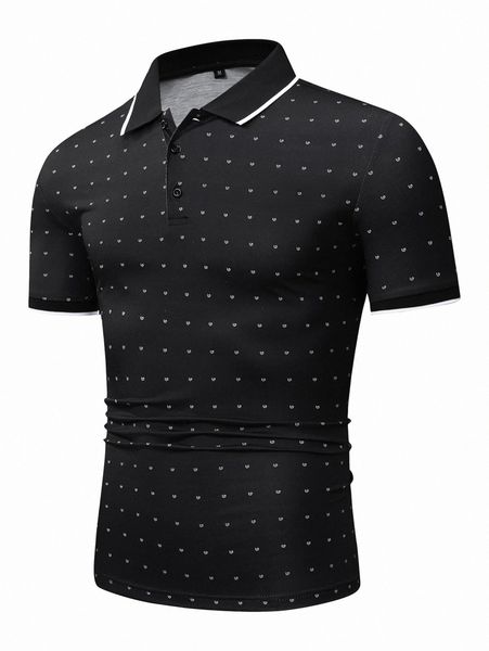 

men allover print contrast trim polo shirt e3we#, White;black