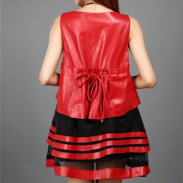 

casual dresses spring real leather chiffon patchwork dress faux two pieces sweet o-neck red genuine sheepskin party robe femme, Black;gray