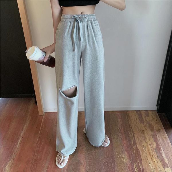 

summer fashion solid color ripped sports pants thin gray loose mopping casual high waist drape wide leg cotton2021 women's & capris, Black;white