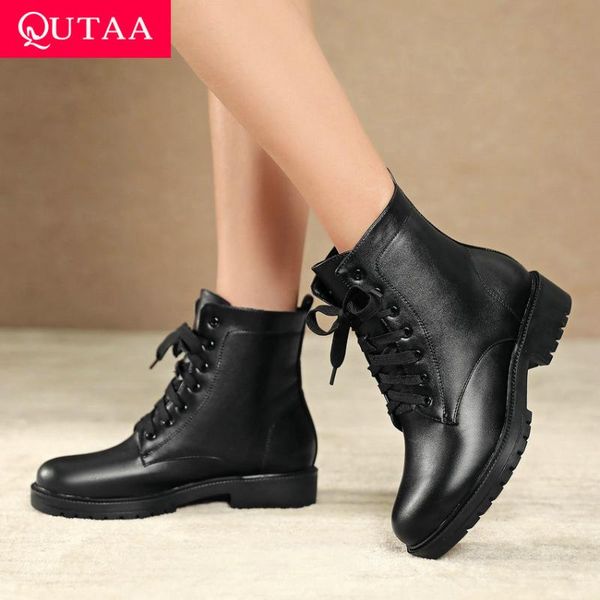 

boots qutaa 2021 keep warm ankle round toe pu leather casual women square heel lace up winter shoes big size 34-43, Black