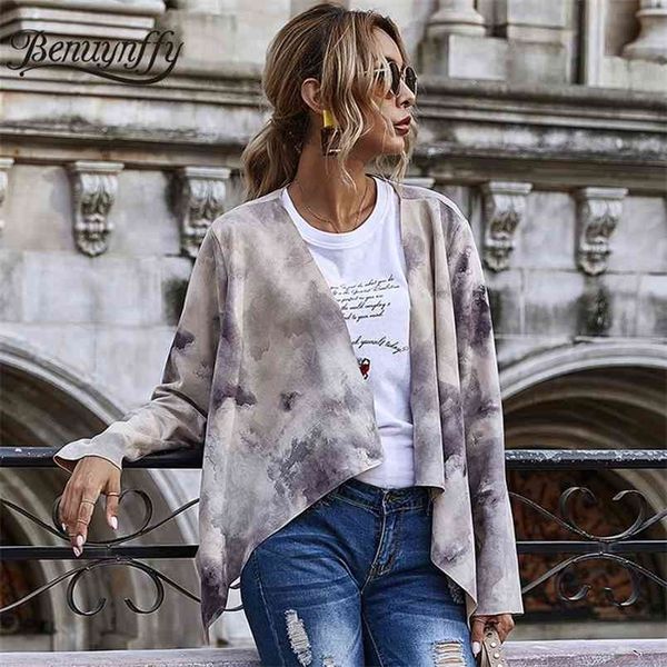 Autunno Moda Tie Dye Giacca in pelle scamosciata Street style Donna Cardigan a maniche lunghe Cappotto Allentato Casual Capispalla da donna 210510