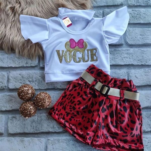 

clothing sets toddler kid girls casual clothes sets, round neck short sleeve sequin decor +leopard shorts summer 2pcs outfits 1-6years, White
