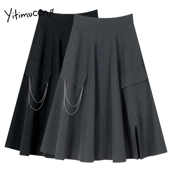 

yitimuceng black pockets skirt women high waist mini solid a-line spring summer office lady fashion skirts 210601