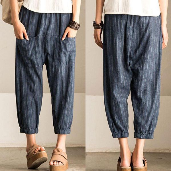 

women casual vintage high elastic waist pockets striped baggy harem pants turnip trousers work ol wide leg pantalon women's & capris, Black;white