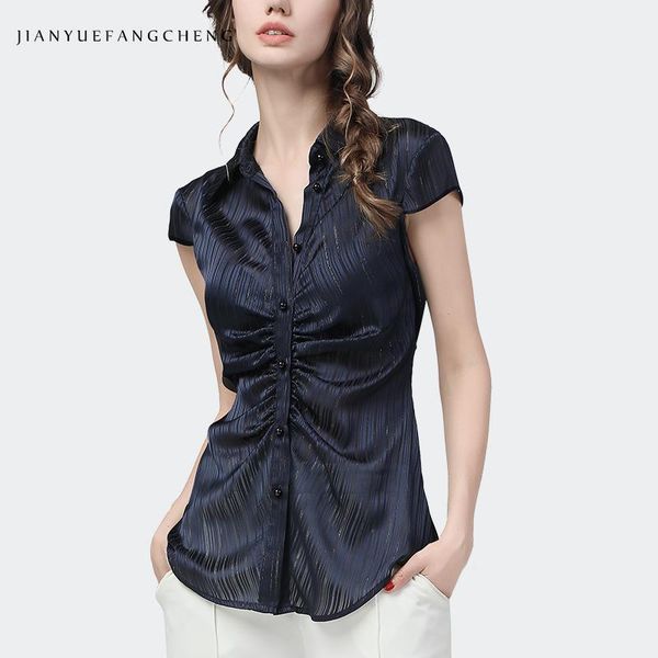

women's blouses & shirts elegant slim striped satin shirt women summer short sleeve shirred v-neck fitted waist temperamental ladies of, White