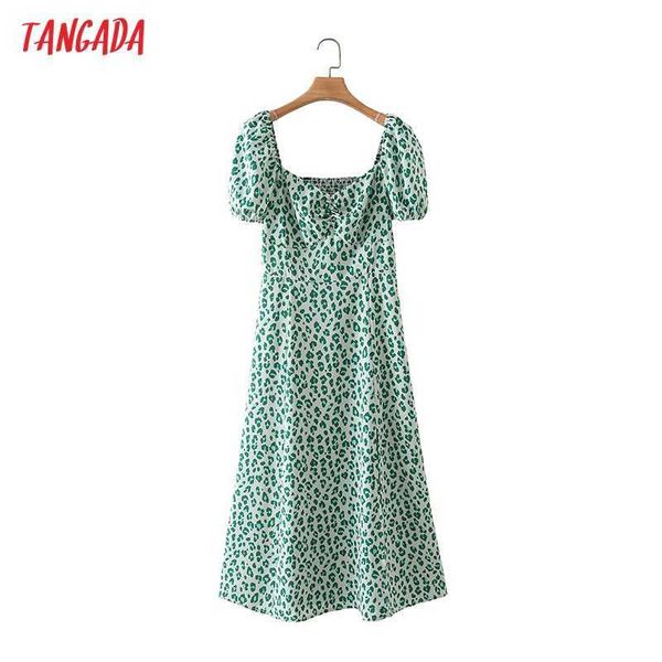 Tangada Mulheres Verde Leopardo Imprimir Estilo Francês Vestido de Verão Puff Manga Curta Senhoras Senhoras 2M178 210609