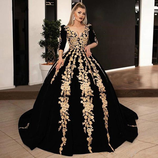 Halb lange Ärmel Ballkleid Abendkleider mit Applikationen Samt Gericht Zug Kaftan Kaftan Arabisch Sonderanfang Prom Party Kleidergängen