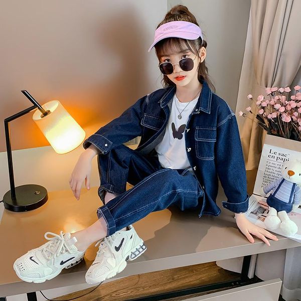 

spring & autumn cowboy girl sets 2021 korean version clothes for teens tooling carrot pants 2-piece casual children's clothing, White