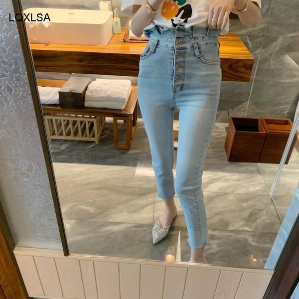 

streetwear high waist ruffles pants single-breasted female pencil jeans 2021 women denim skinny trousers women's, Blue