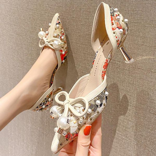 

dress shoes in the summer of 2021, bow pearl fashion banquet high heels women's shallow mouth pointed, Black