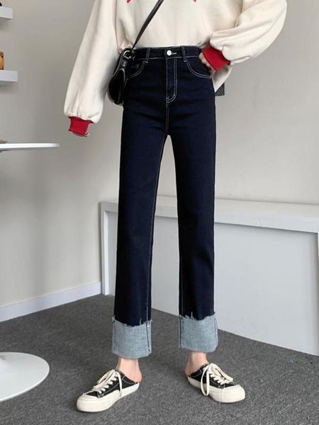 

women's jeans pants hem straight 2021 spring and autumn season high waist loose thin versatile, Blue
