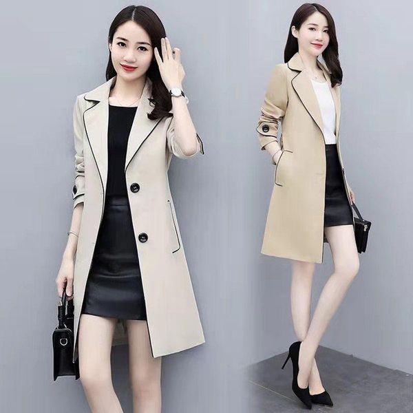 

women's trench coats 2021 autumn windbreaker mid-length section slim waist belt overcoat female fashion plus size coat for women, Tan;black