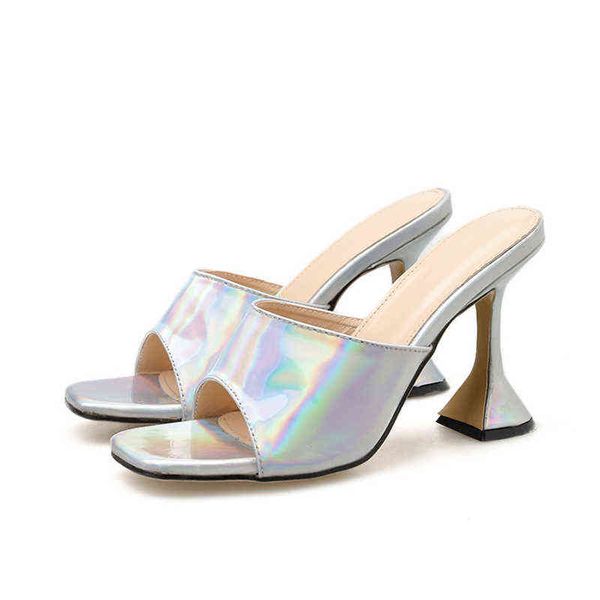 

slippers snakeskin print high heels women outdoor casual summer strange female peep toe slides shoe designer 220309, Black