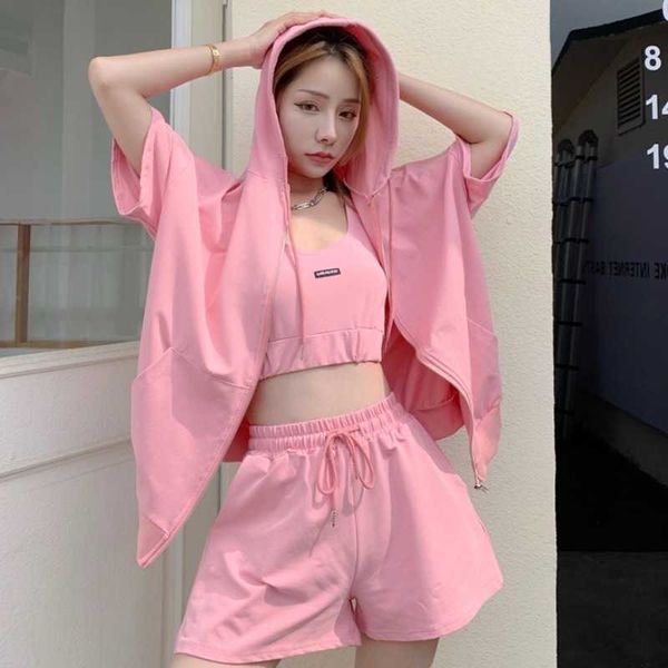 

summer three-piece set casual solid color sports hooded loose coat + vest shorts suit women outfits 210526, White