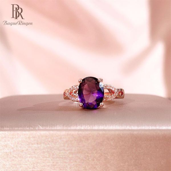 

cluster rings bague ringen classic 925 sterling silver for women with oval shape amethyst gemstones rose gold color female jewelry gift, Golden;silver