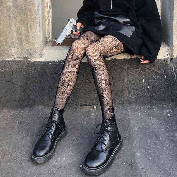 

women black heart dot jacquard fishnet pantyhose gothic punk hollow out mesh see-through tights stockings lingerie y1130, Black;white